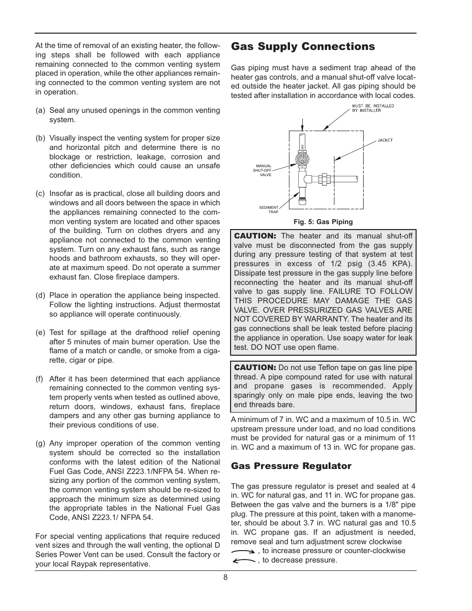 Gas supply connections | Raypak RAYTHERM P-926 User Manual | Page 8 / 36