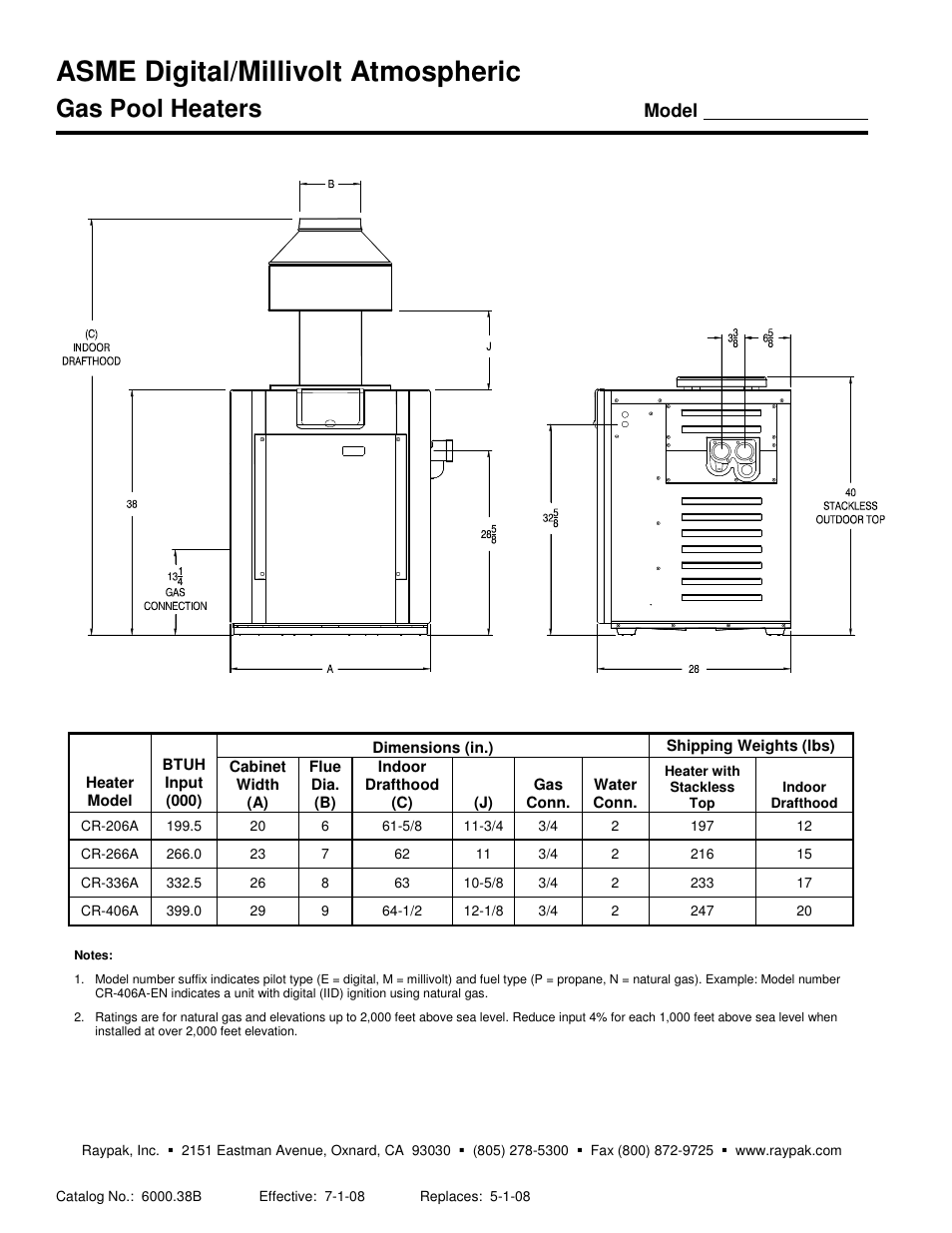 Asme digital/millivolt atmospheric, Gas pool heaters | Raypak CR-206A User Manual | Page 2 / 2