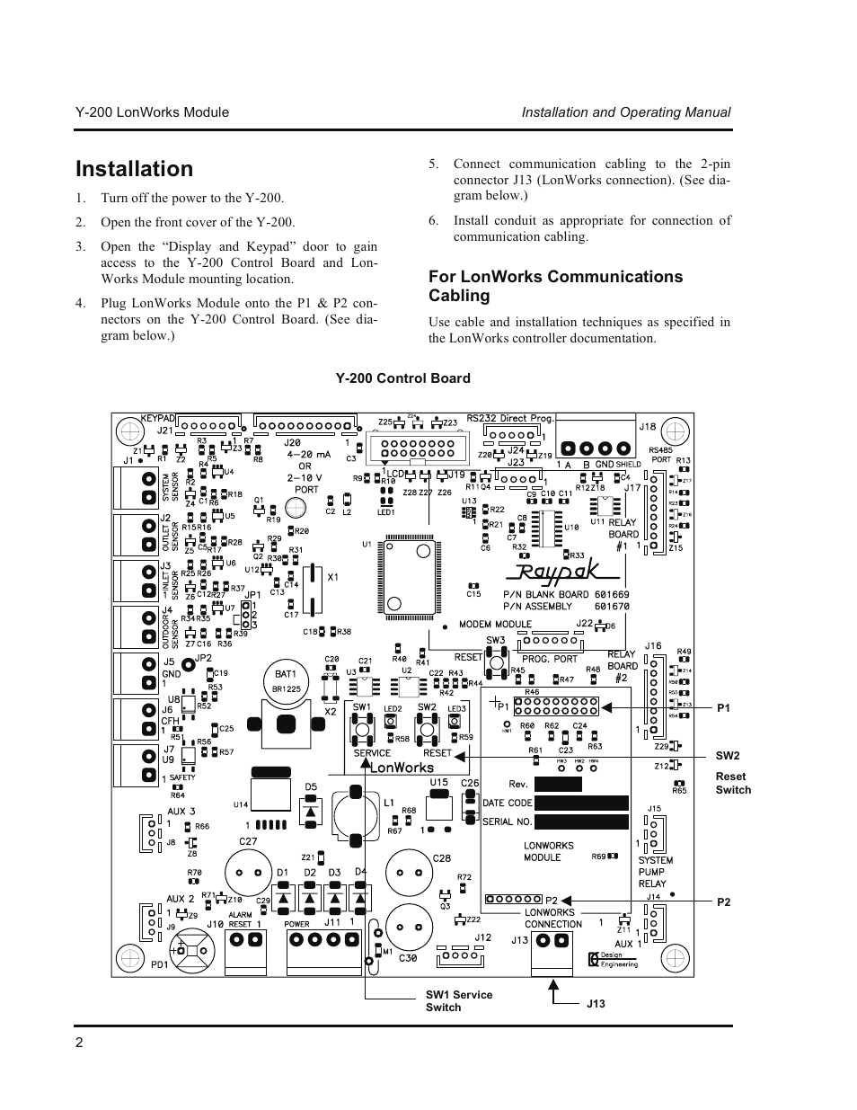 Installation, For lonworks communications cabling | Raypak Y-200 Series User Manual | Page 4 / 8