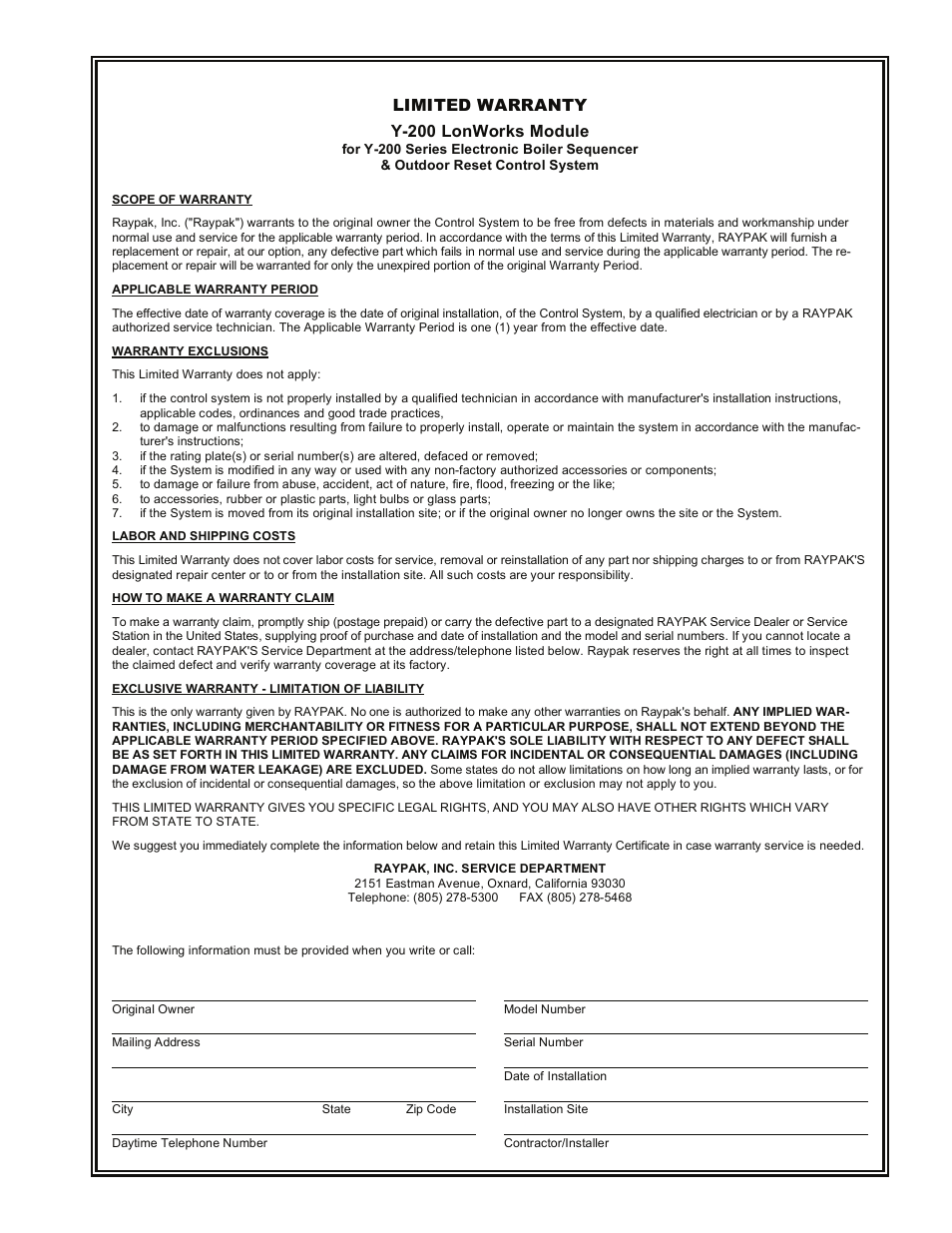 Raypak Y-200 Series User Manual | Page 7 / 8