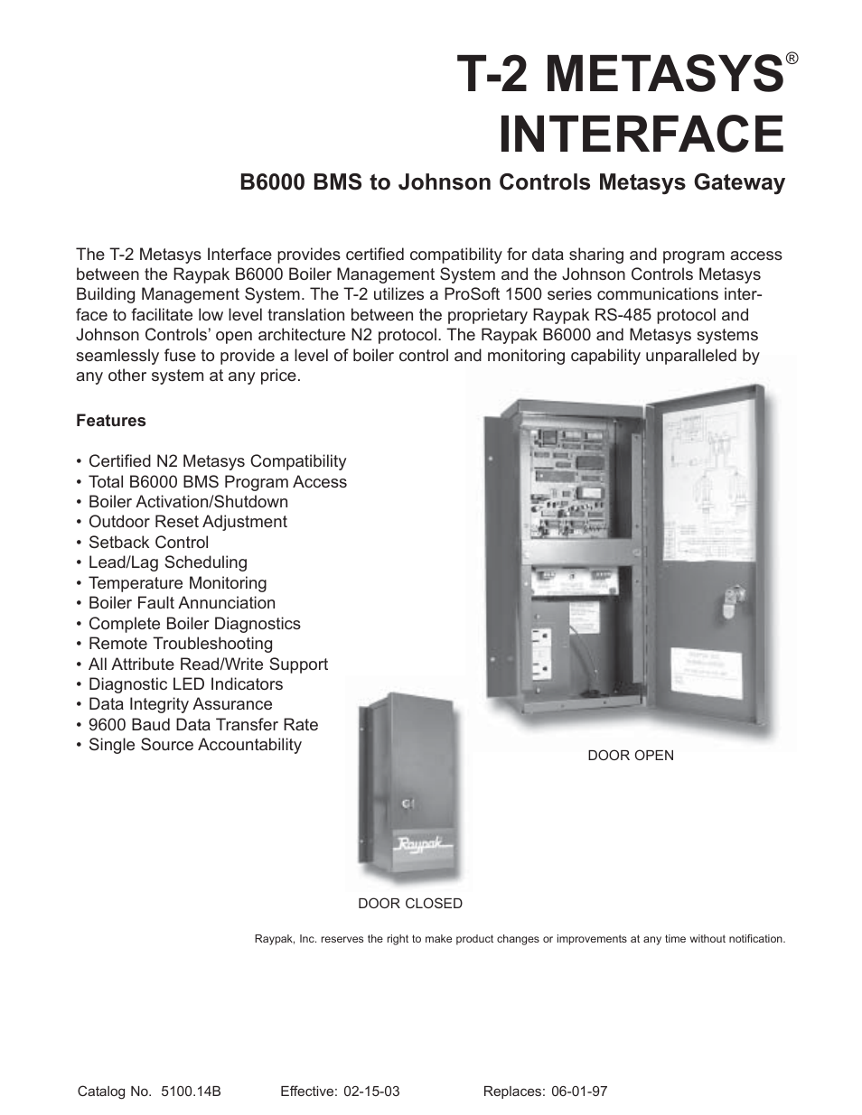 Raypak Metasys Interface T-2 User Manual | 2 pages