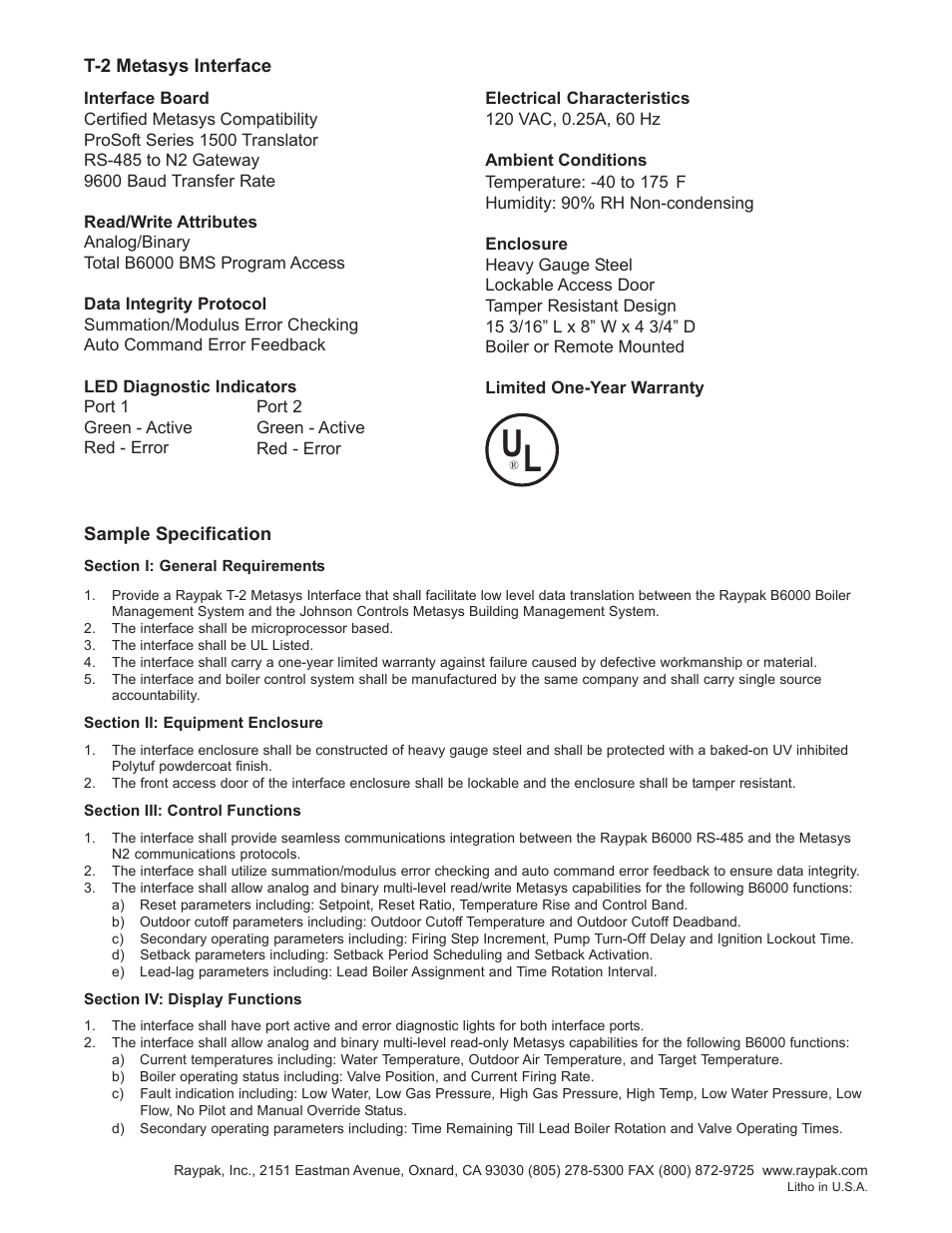 Raypak Metasys Interface T-2 User Manual | Page 2 / 2