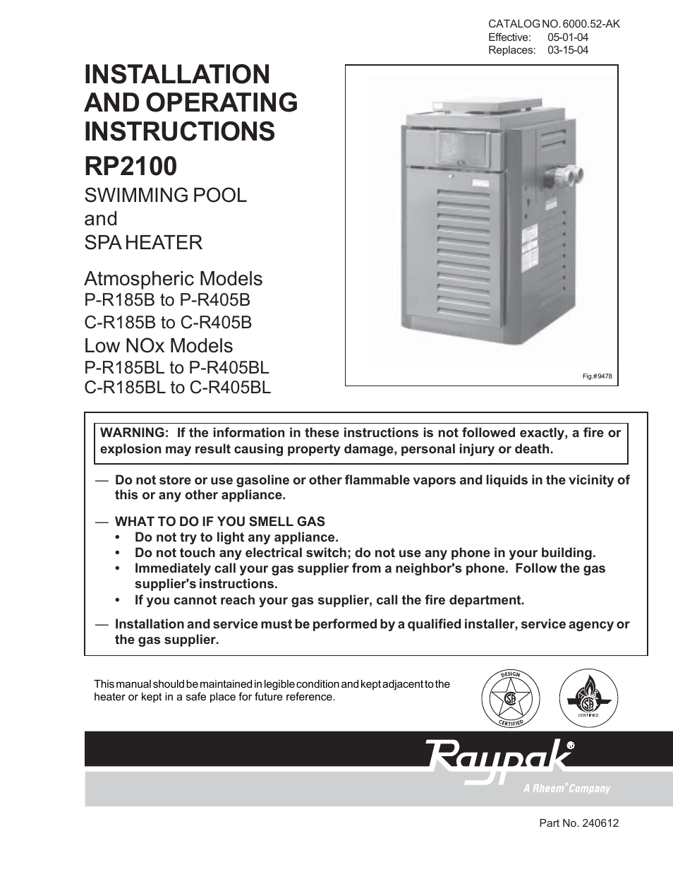 Raypak P-R185BL to P-R405BL User Manual | 52 pages