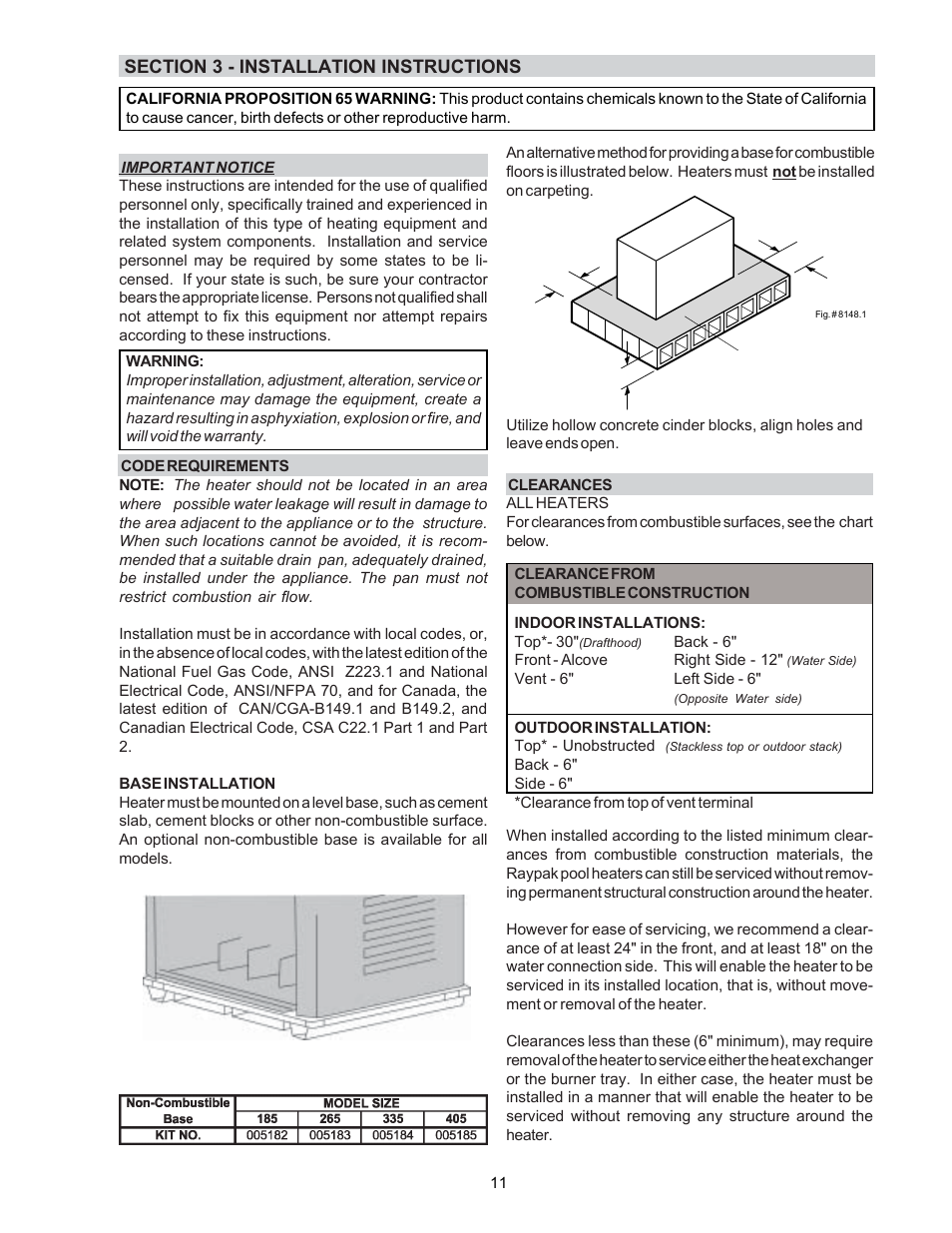 Raypak P-R185BL to P-R405BL User Manual | Page 11 / 52