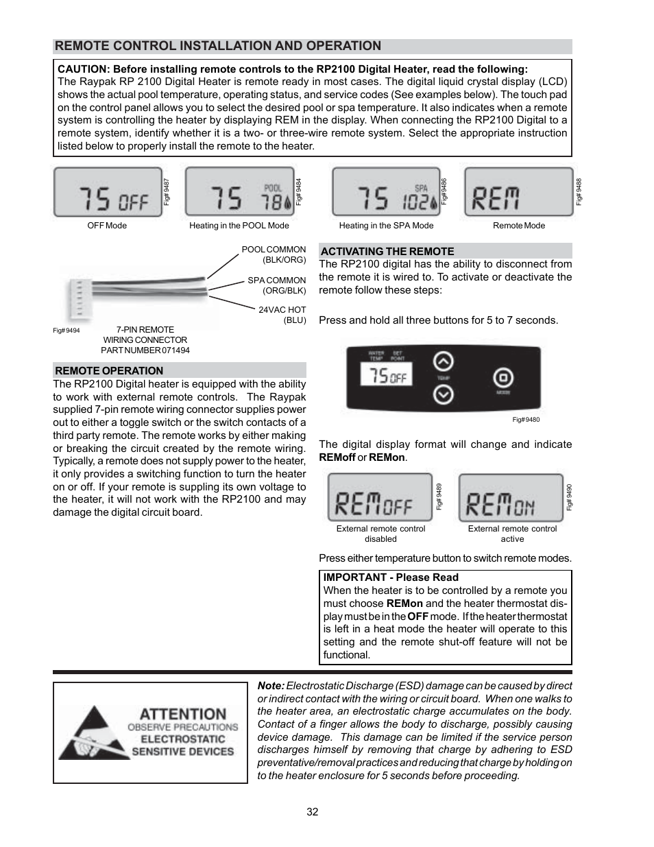 Remote control installation and operation | Raypak P-R185BL to P-R405BL User Manual | Page 32 / 52