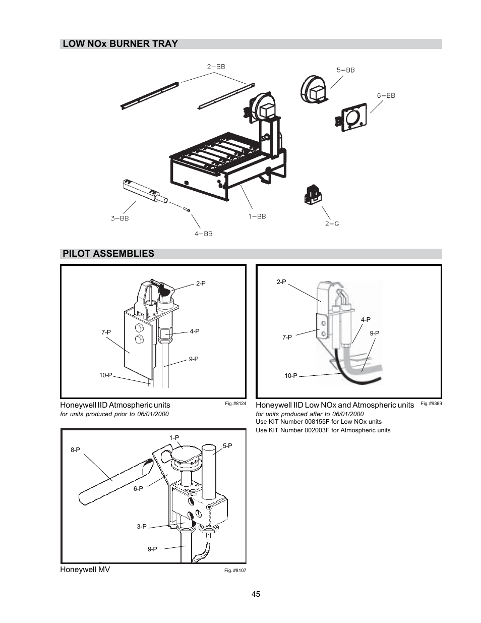 Low nox burner tray pilot assemblies | Raypak P-R185BL to P-R405BL User Manual | Page 45 / 52