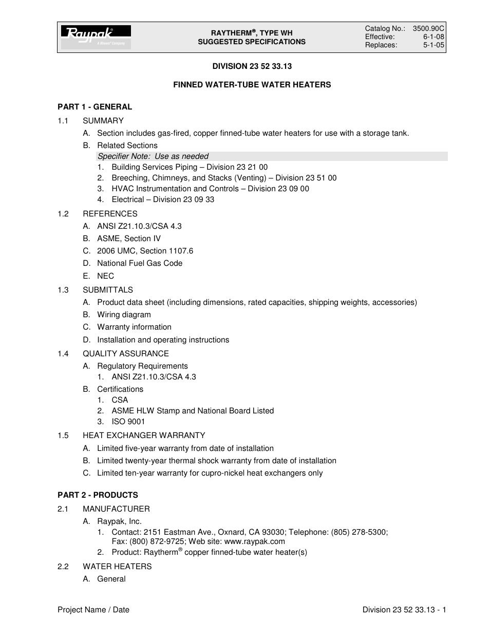 Raypak Raytherm Finned Water-Tube Water Heaters User Manual | 5 pages