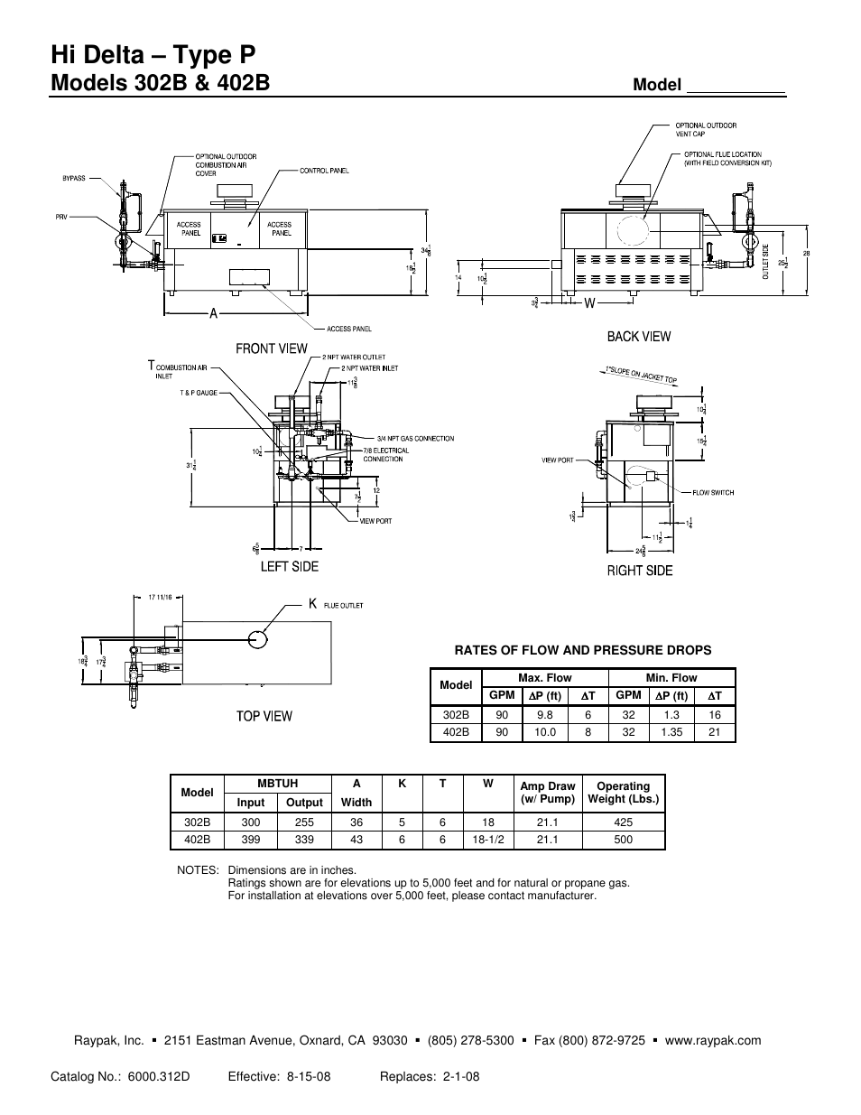 Hi delta – type p, Model | Raypak 302B User Manual | Page 2 / 2