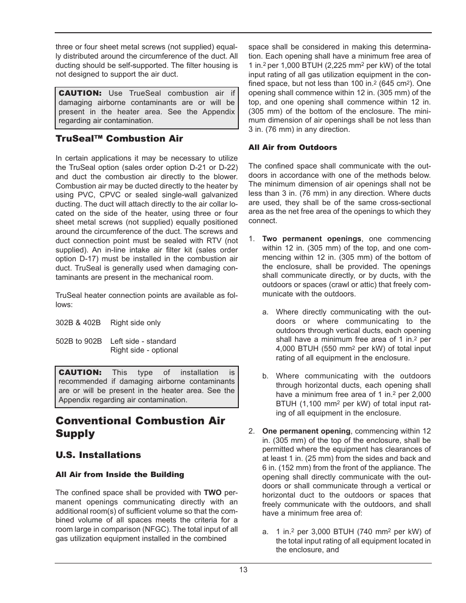 Conventional combustion air supply, Conventional combustion air supply 13, Truseal™ combustion air | U.s. installations | Raypak HI DELTA 302B User Manual | Page 13 / 60