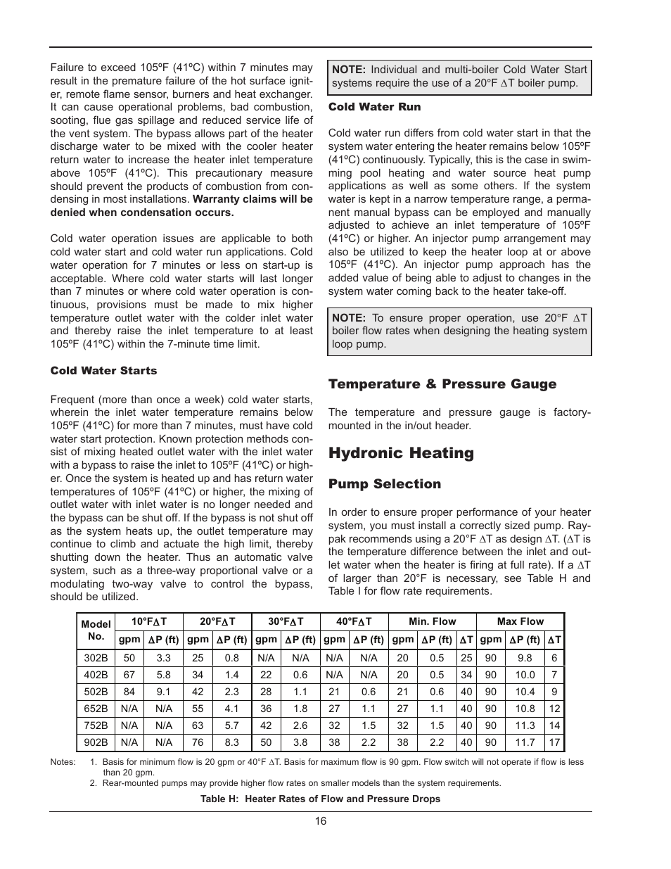 Hydronic heating, Temperature & pressure gauge, Pump selection | Raypak HI DELTA 302B User Manual | Page 16 / 60