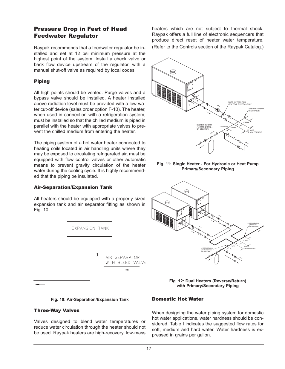 Pressure drop in feet of head feedwater regulator, Fig. 10: air-separation/expansion tank | Raypak HI DELTA 302B User Manual | Page 17 / 60
