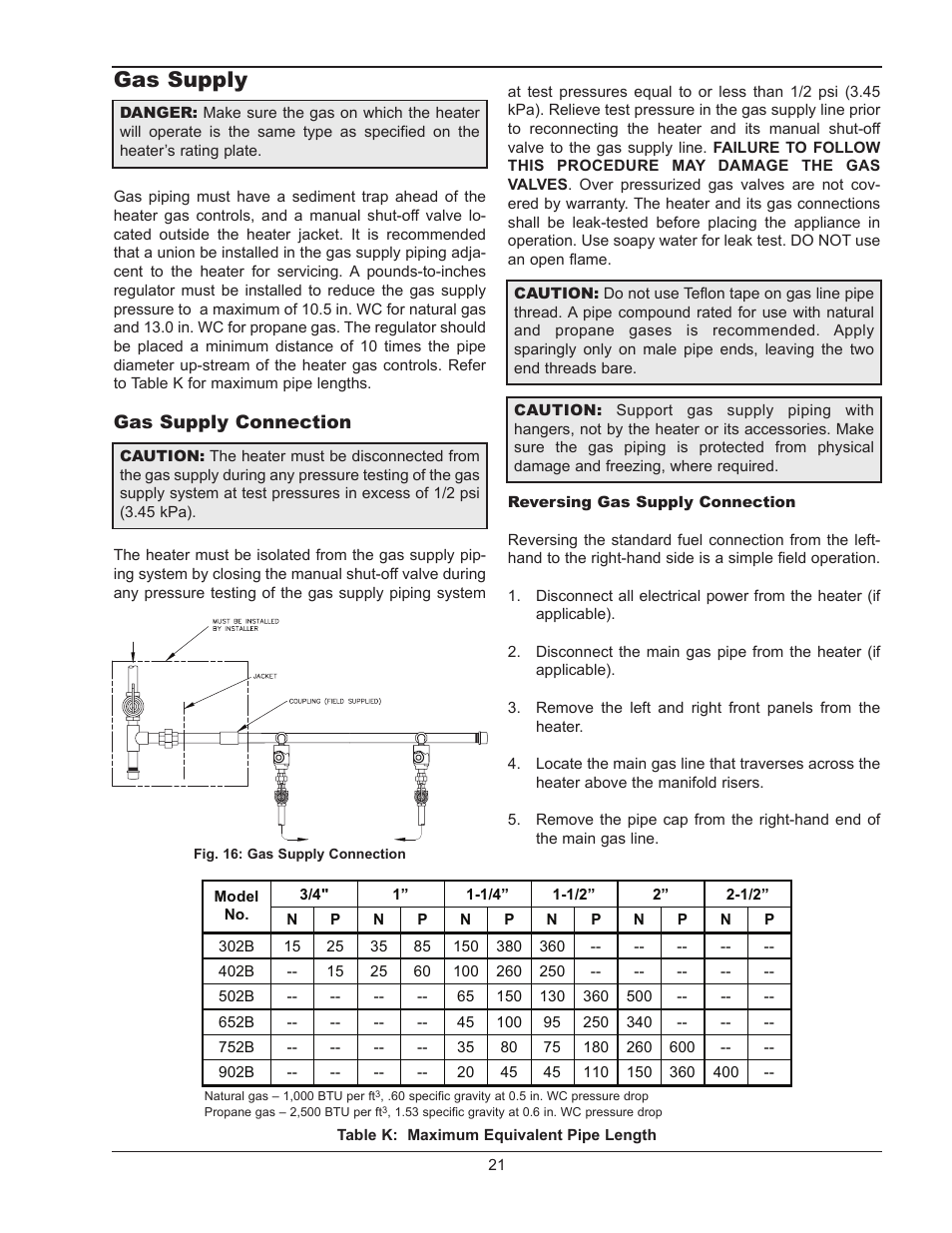 Gas supply | Raypak HI DELTA 302B User Manual | Page 21 / 60