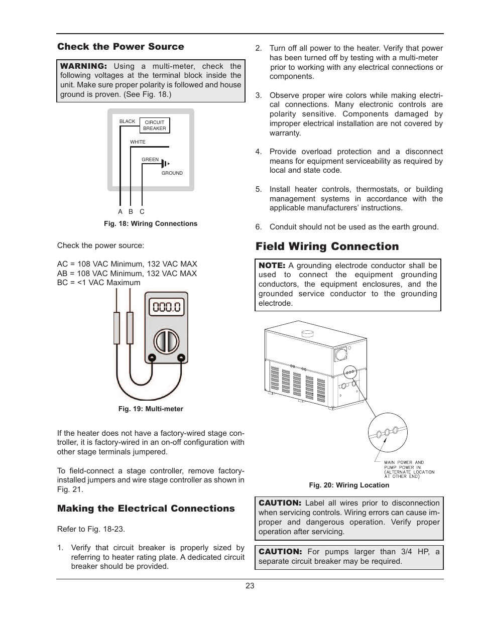 Field wiring connection, Check the power source, Making the electrical connections | Raypak HI DELTA 302B User Manual | Page 23 / 60