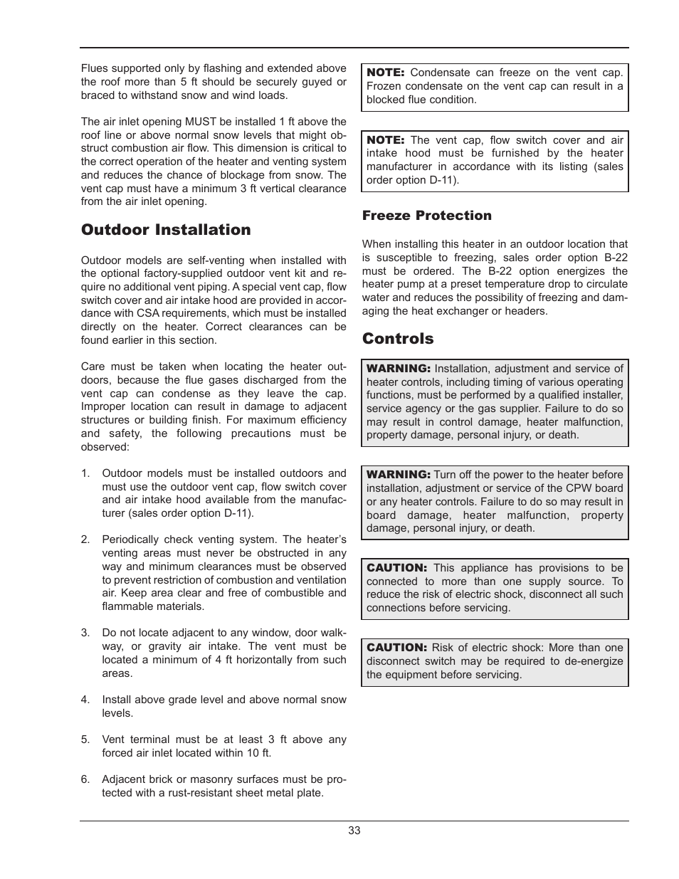 Controls, Outdoor installation | Raypak HI DELTA 302B User Manual | Page 33 / 60