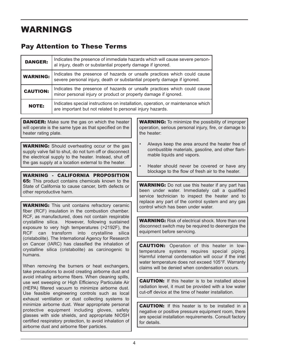 Warnings, Pay attention to these terms | Raypak HI DELTA 302B User Manual | Page 4 / 60