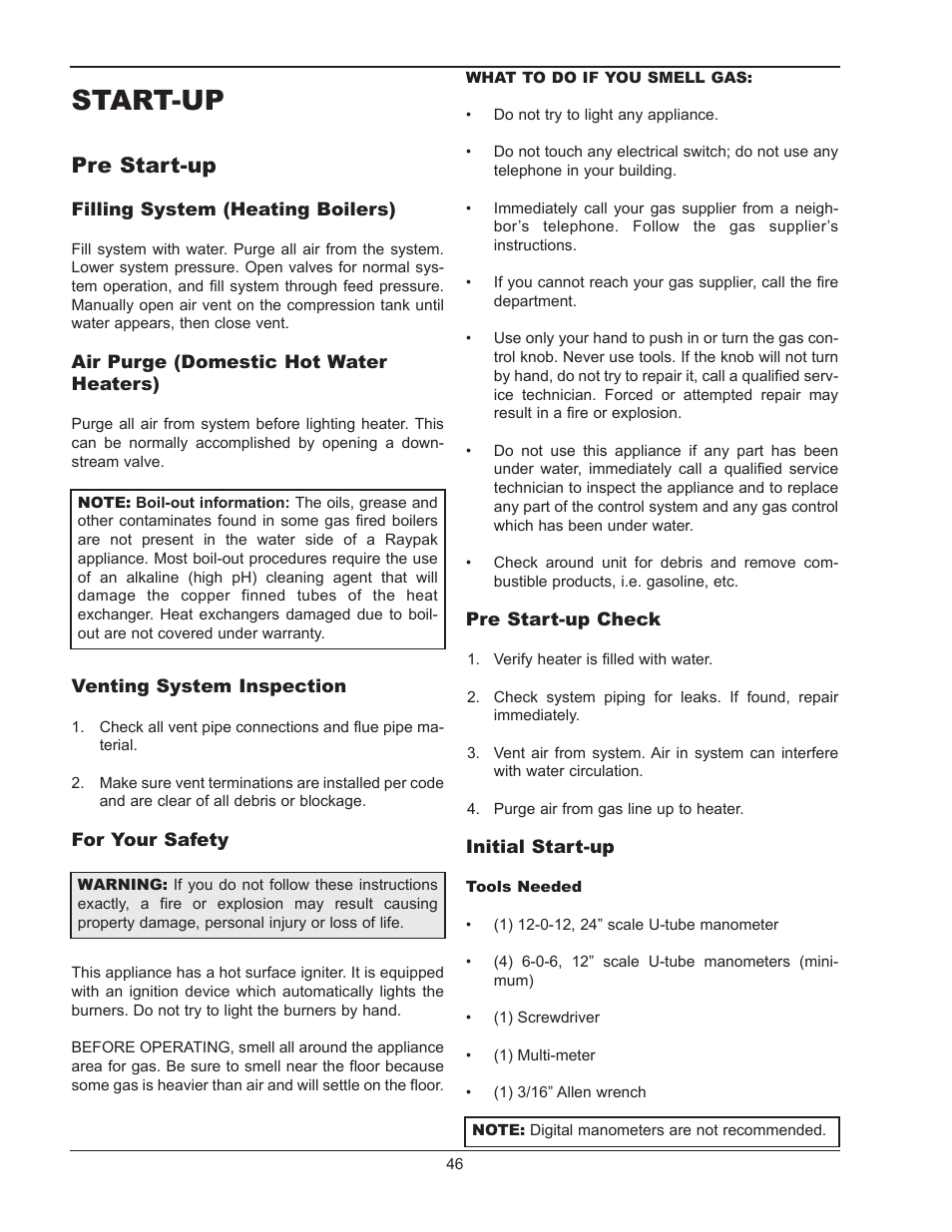 Start-up, Pre start-up | Raypak HI DELTA 302B User Manual | Page 46 / 60