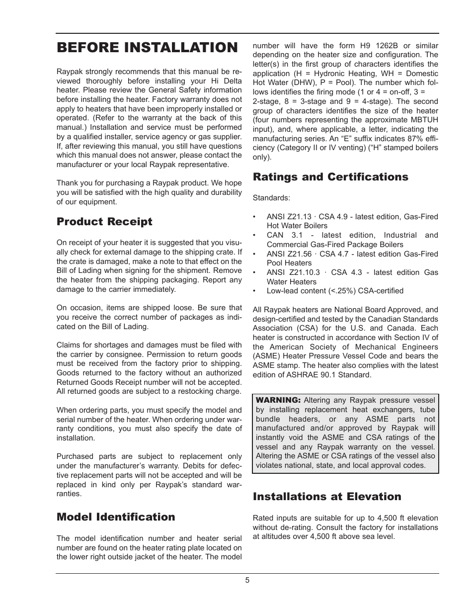 Before installation, Product receipt, Model identification | Ratings and certifications, Installations at elevation | Raypak HI DELTA 302B User Manual | Page 5 / 60