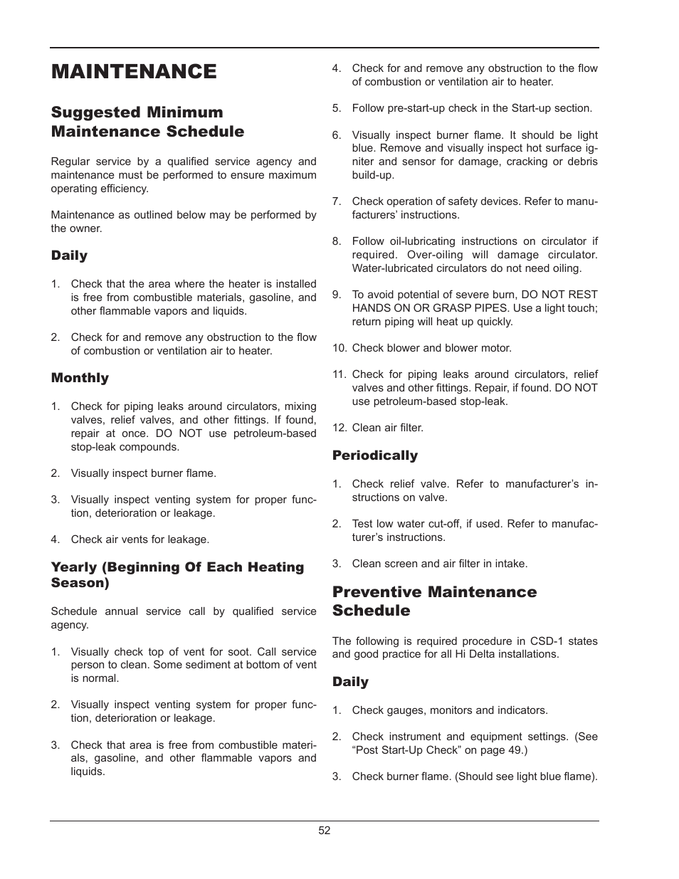 Maintenance, Suggested minimum maintenance schedule, Preventive maintenance schedule | Raypak HI DELTA 302B User Manual | Page 52 / 60