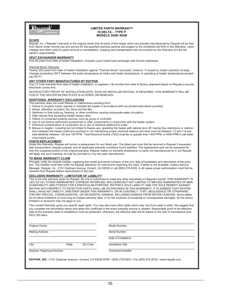 Raypak HI DELTA 302B User Manual | Page 56 / 60