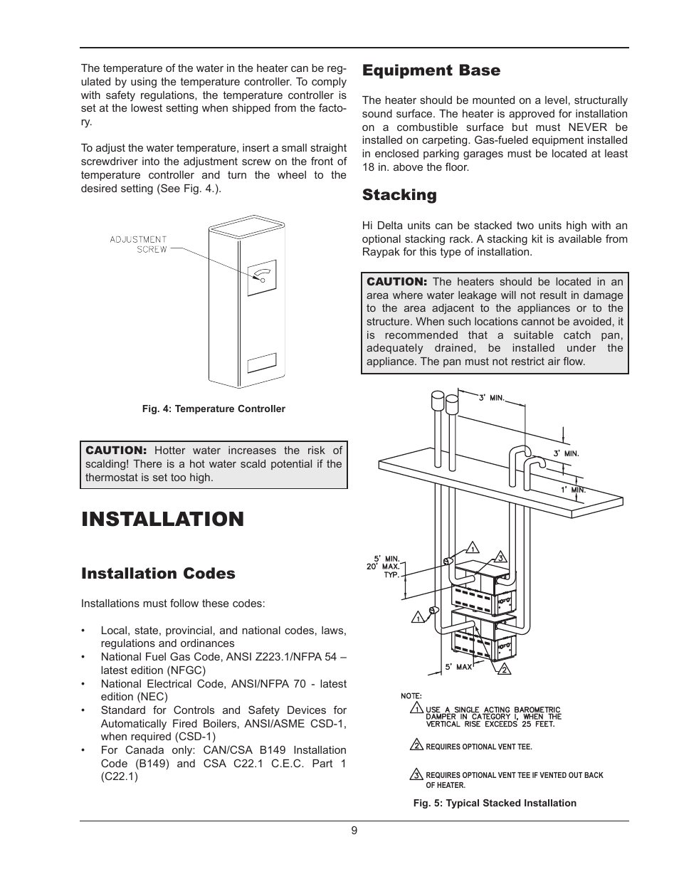 Installation, Installation codes, Equipment base | Stacking | Raypak HI DELTA 302B User Manual | Page 9 / 60