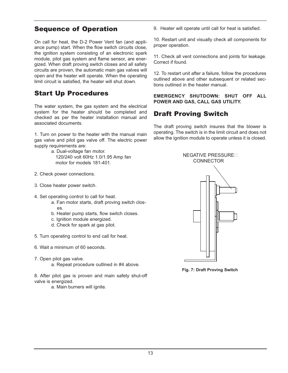 Sequence of operation, Start up procedures, Draft proving switch | Raypak Power Vent D2 User Manual | Page 13 / 16