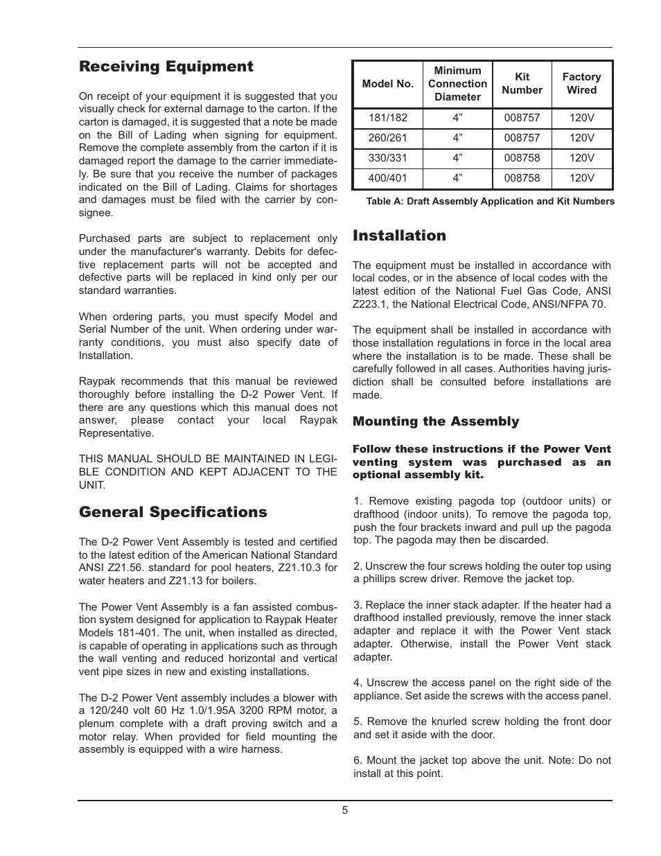 Receiving equipment, General specifications, Installation | Raypak Power Vent D2 User Manual | Page 5 / 16