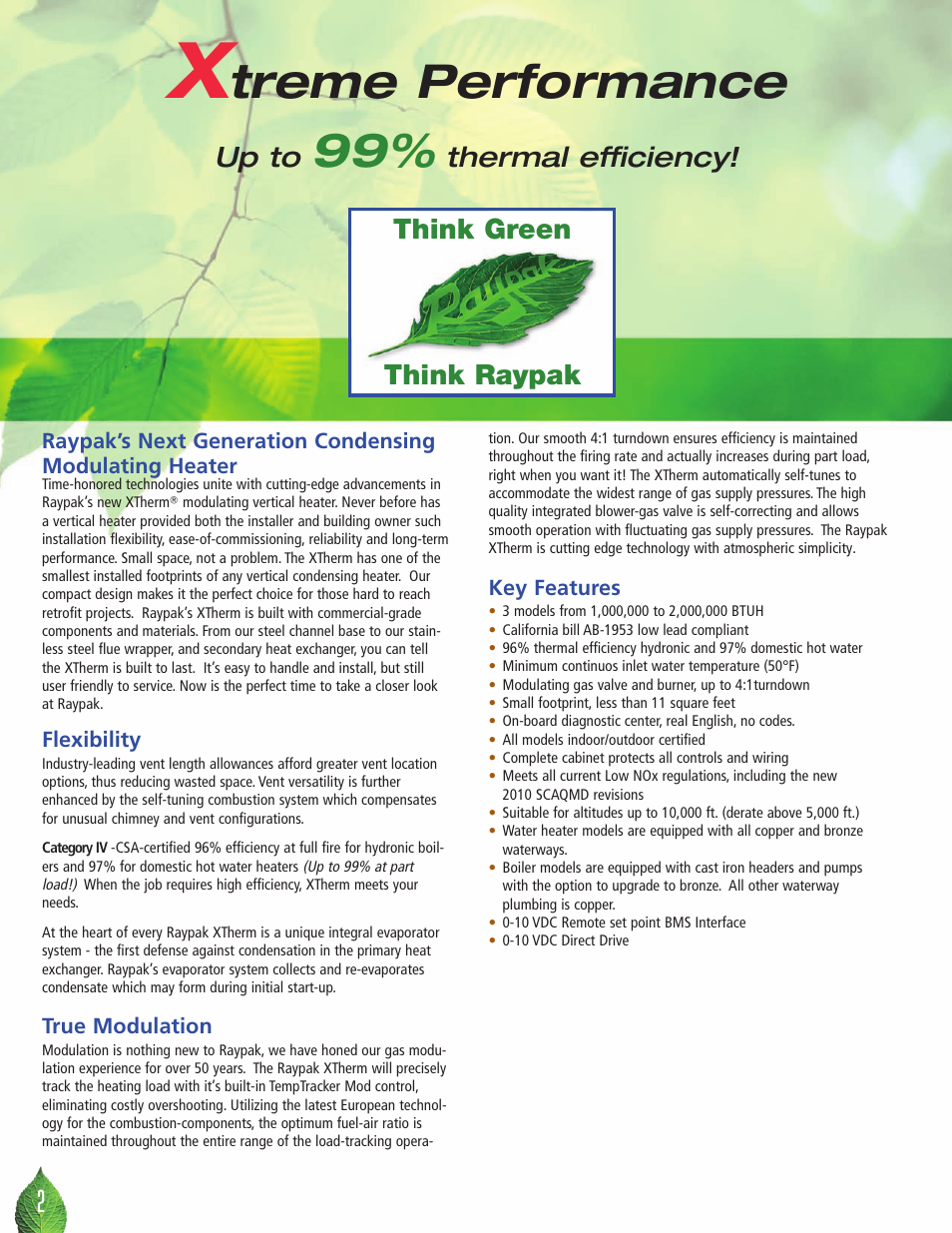 Treme performance, 2up to, Thermal efficiency | Think raypak think green | Raypak XTHERM 1505 User Manual | Page 2 / 8