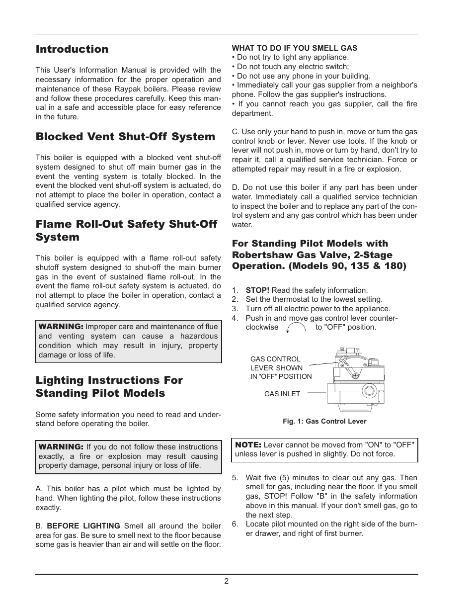 Introduction, Blocked vent shut-off system, Flame roll-out safety shut-off system | Lighting instructions for standing pilot models | Raypak 0042B User Manual | Page 2 / 6