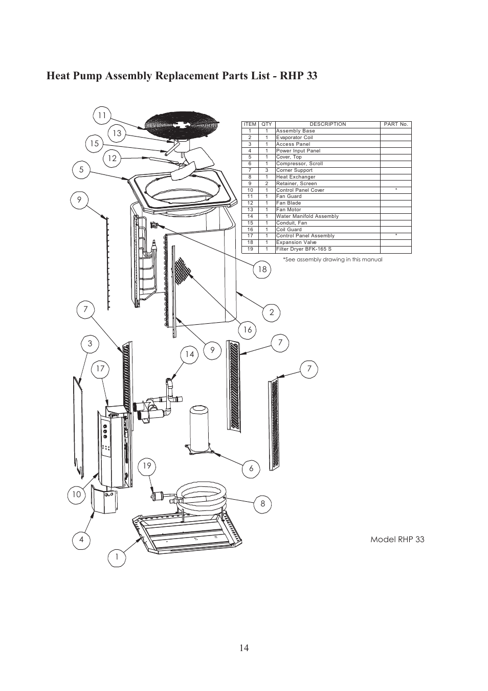Heat pump assembly replacement parts list - rhp 33 | Raypak RHP 33 User Manual | Page 17 / 19