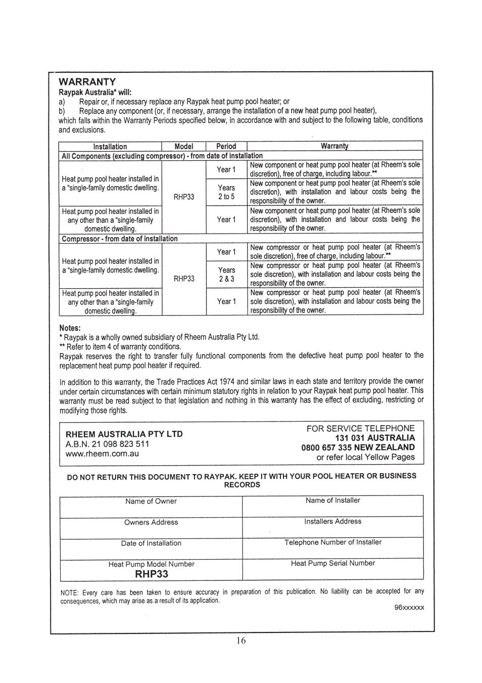 Raypak RHP 33 User Manual | Page 19 / 19