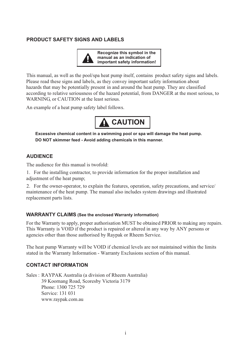 Caution | Raypak RHP 33 User Manual | Page 2 / 19