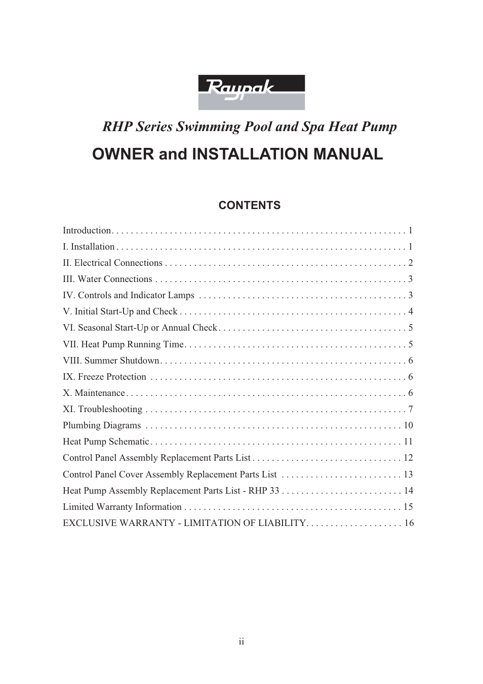 Owner and installation manual, Rhp series swimming pool and spa heat pump | Raypak RHP 33 User Manual | Page 3 / 19