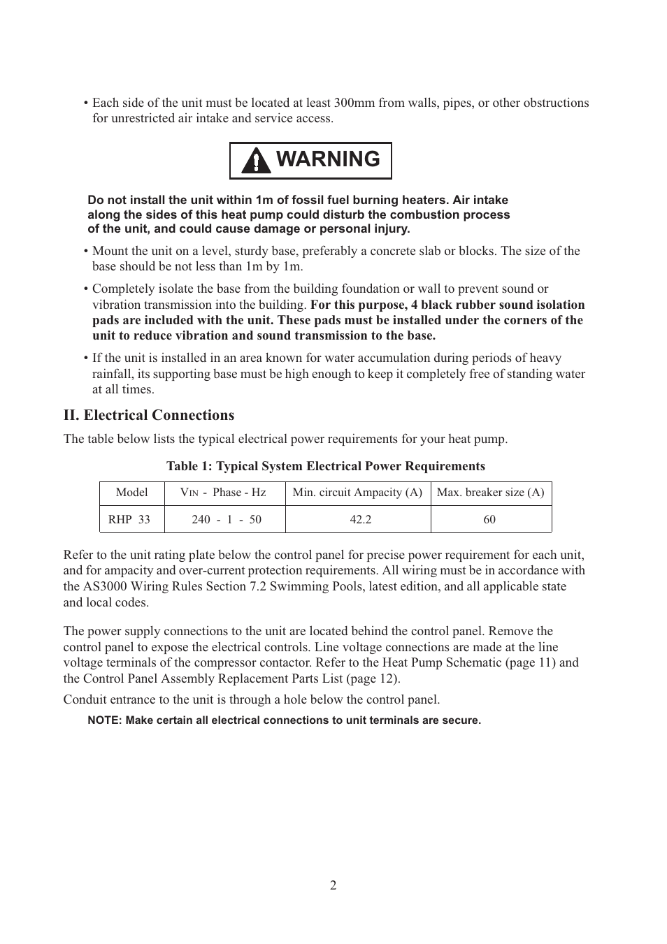 Warning, Ii. electrical connections | Raypak RHP 33 User Manual | Page 5 / 19