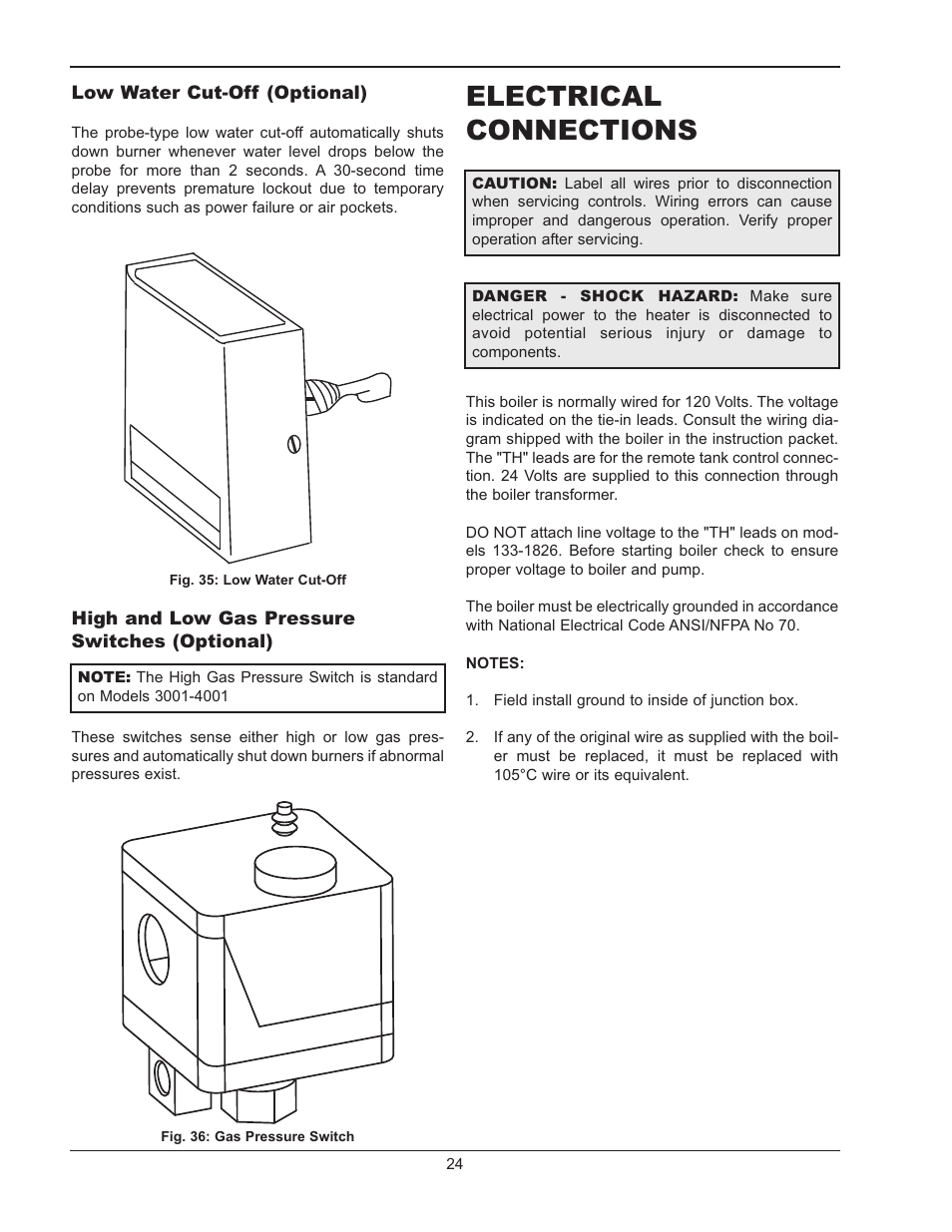 Electrical connections | Raypak RAYTHERM 133-4001 User Manual | Page 24 / 44