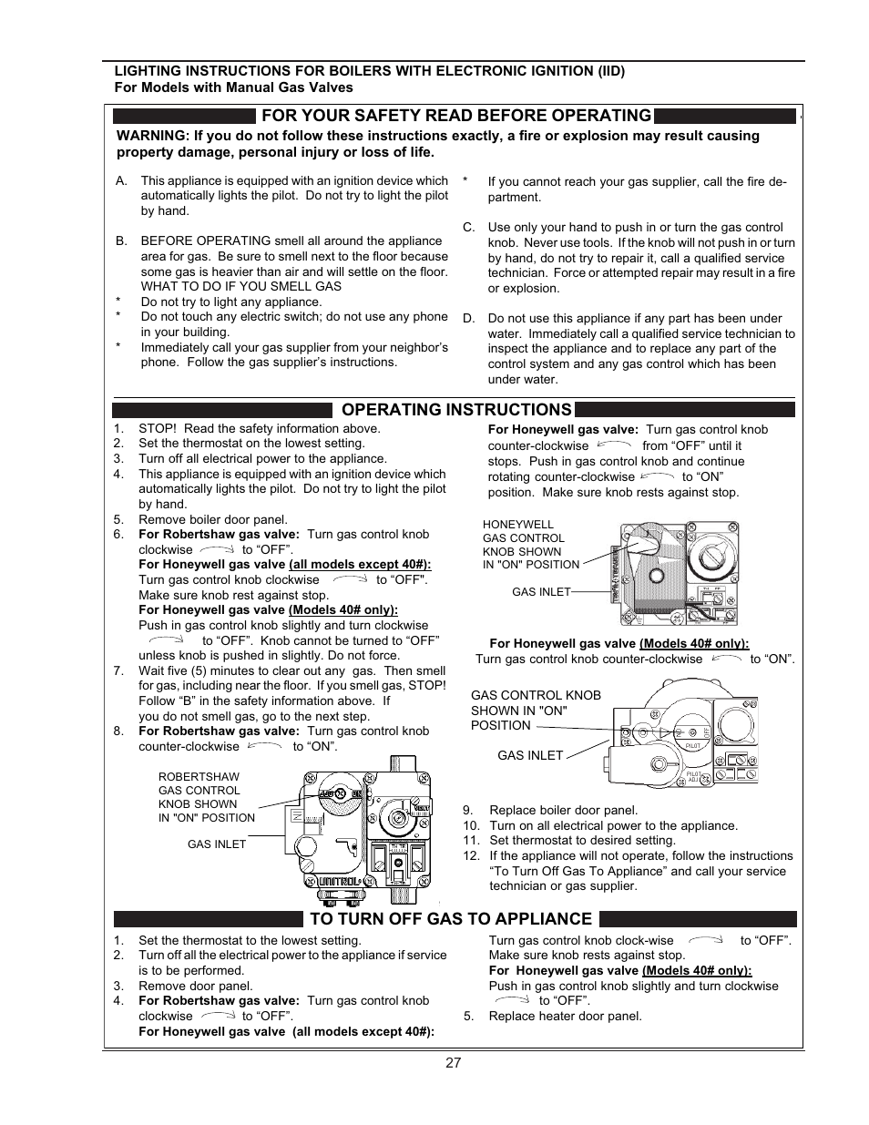 For your safety read before operating, Operating instructions | Raypak RAYTHERM 133-4001 User Manual | Page 27 / 44