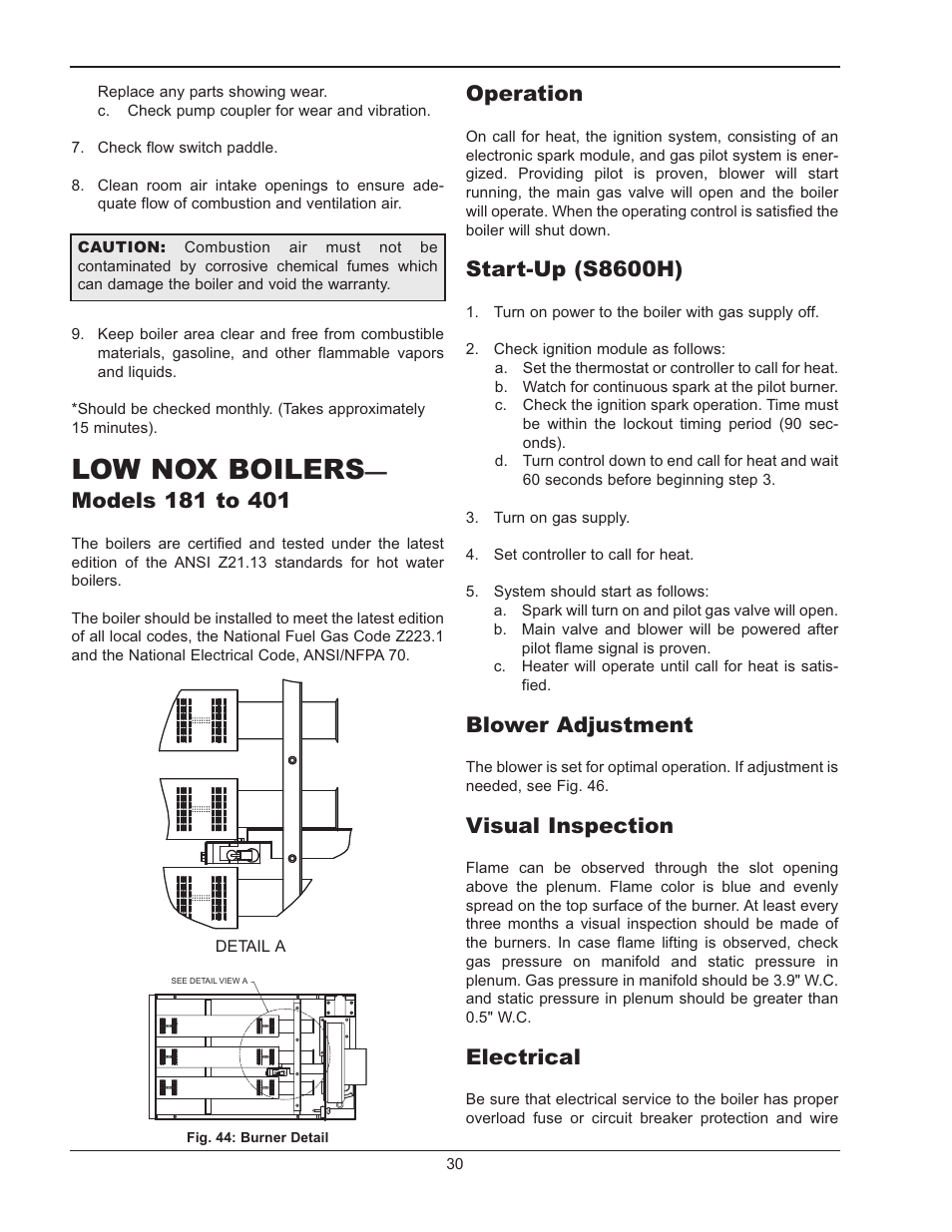 Low nox boilers, Models 181 to 401, Operation | Start-up (s8600m), Blower adjustment, Visual inspection, Electrical, Start-up (s8600h) | Raypak RAYTHERM 133-4001 User Manual | Page 30 / 44