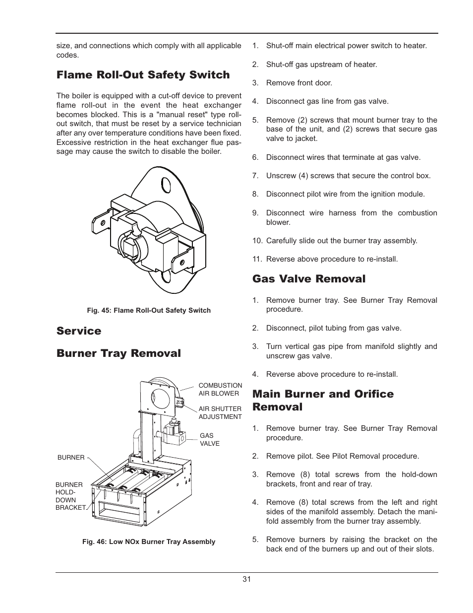 Flame roll-out safety switch, Service, Burner tray removal | Gas valve removal, Main burner and orifice removal, Service burner tray removal | Raypak RAYTHERM 133-4001 User Manual | Page 31 / 44