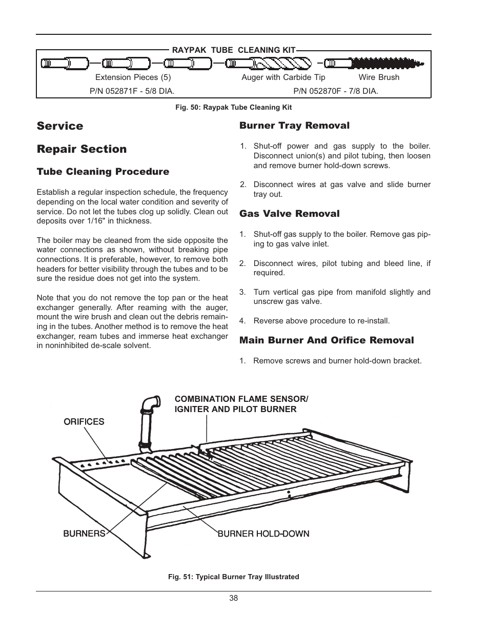 Service, Repair section | Raypak RAYTHERM 133-4001 User Manual | Page 38 / 44