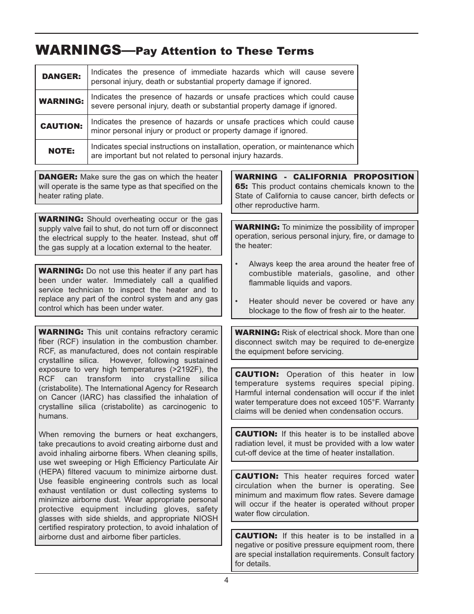 Warnings, Pay attention to these terms | Raypak RAYTHERM 133-4001 User Manual | Page 4 / 44