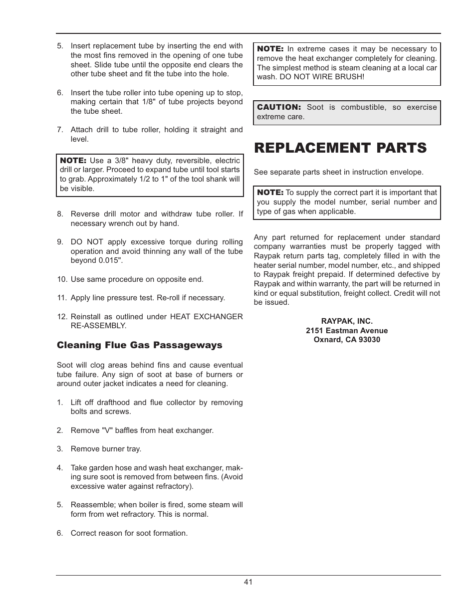 Replacement parts | Raypak RAYTHERM 133-4001 User Manual | Page 41 / 44