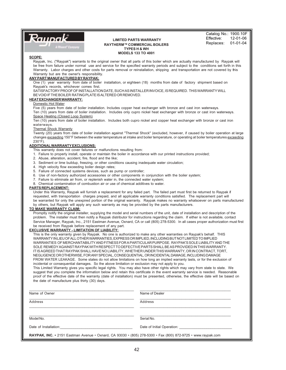 Raypak RAYTHERM 133-4001 User Manual | Page 42 / 44