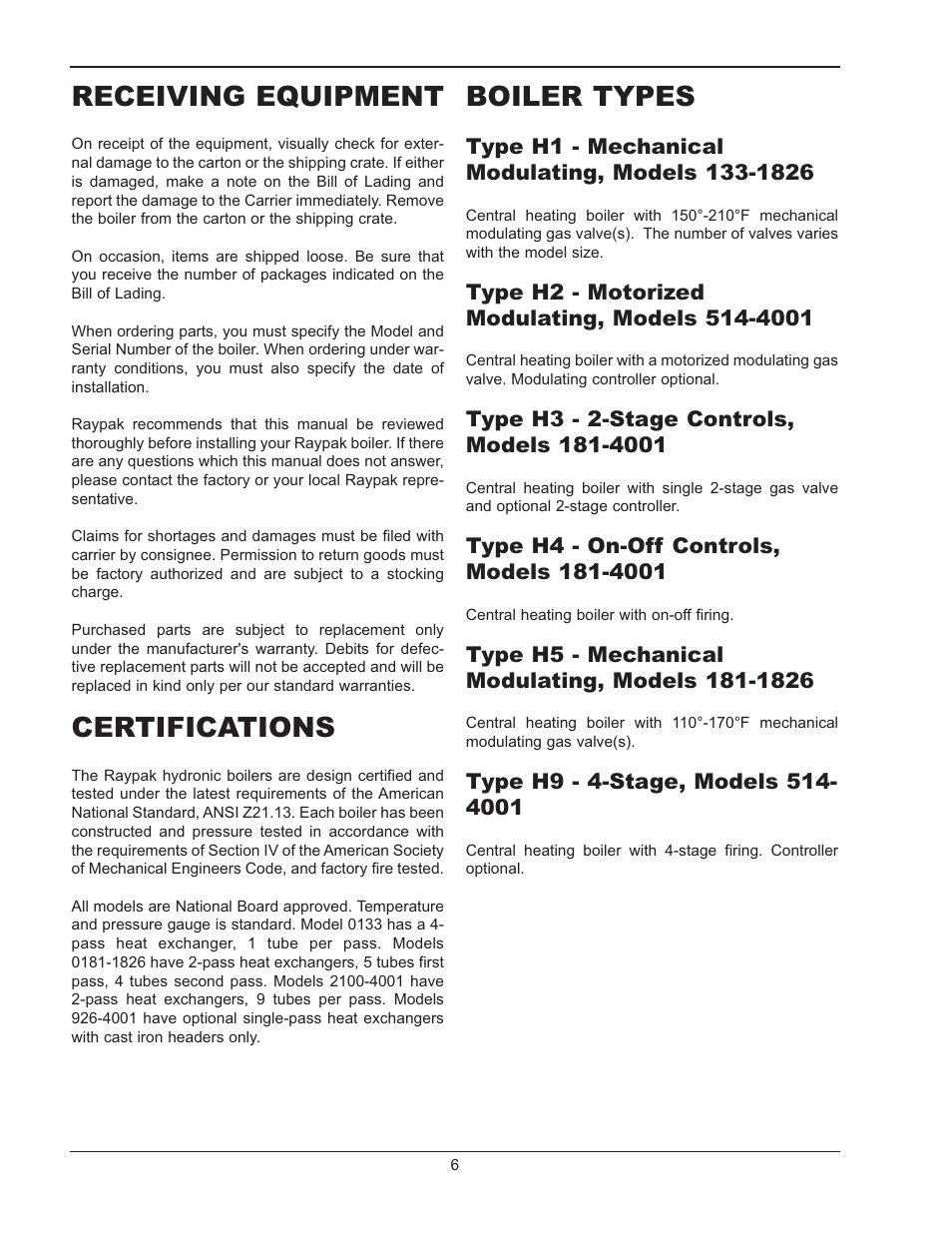 Receiving equipment, Certifications, Boiler types | Type h1 - mechanical modulating, Type h2 - motorized modulating, Type h3 - 2-stage controls, Type h4 - on-off controls, Type h5 - mechanical modulating, Type h9 - 4-stage | Raypak RAYTHERM 133-4001 User Manual | Page 6 / 44