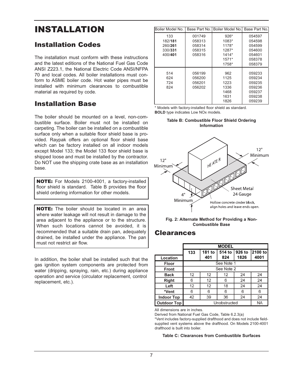 Installation, Installation codes, Installation base | Clearances | Raypak RAYTHERM 133-4001 User Manual | Page 7 / 44