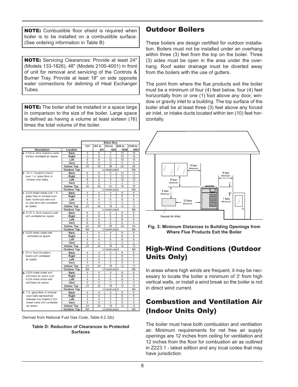 Outdoor boilers, High-wind conditions (outdoor units only), Combustion and ventilation air | Indoor units only), High-wind conditions (outdoor units only)8, Combustion and ventilation air (indoor units only) | Raypak RAYTHERM 133-4001 User Manual | Page 8 / 44