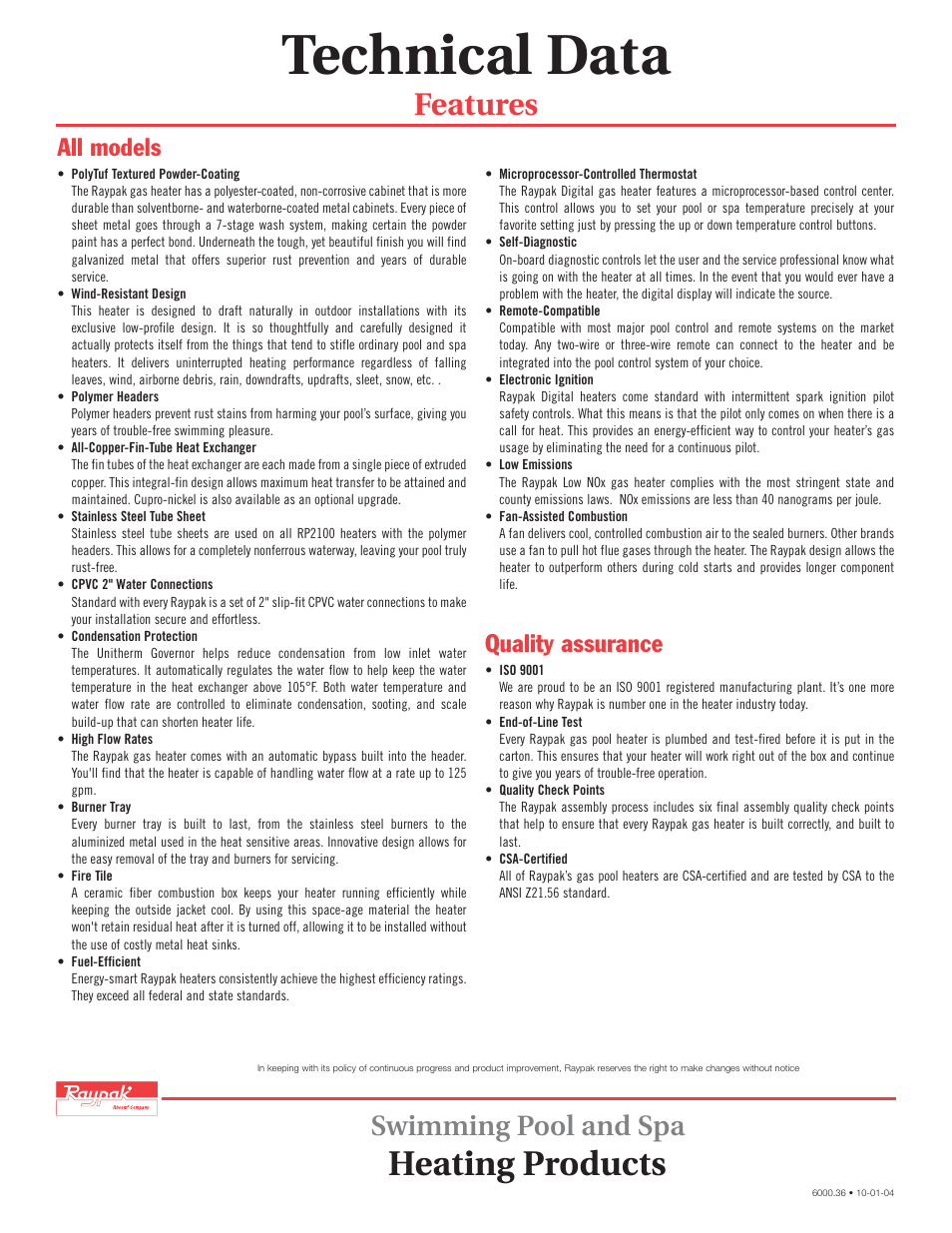 Technical data, Heating products, Features | Swimming pool and spa, All models, Quality assurance | Raypak Gas Heaters User Manual | Page 2 / 2
