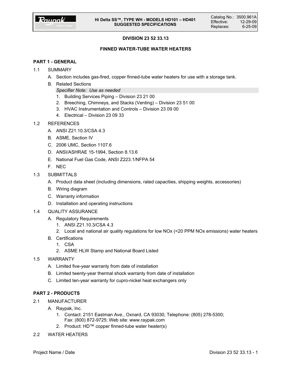 Raypak HI DELTA SS HD101 User Manual | 4 pages