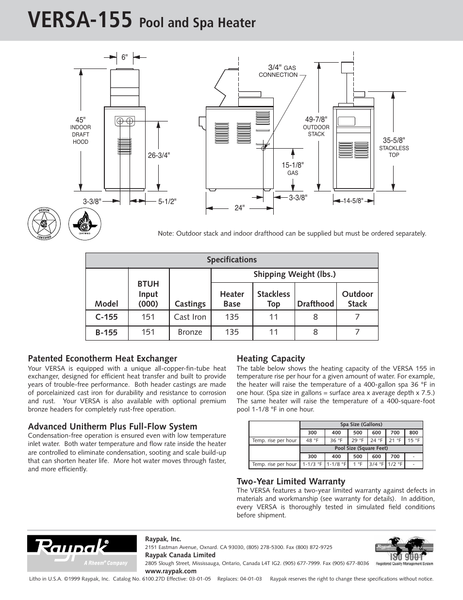 Versa-155, Pool and spa heater, Patented econotherm heat exchanger | Advanced unitherm plus full-flow system, Heating capacity, Two-year limited warranty | Raypak Versa 155 User Manual | Page 2 / 2