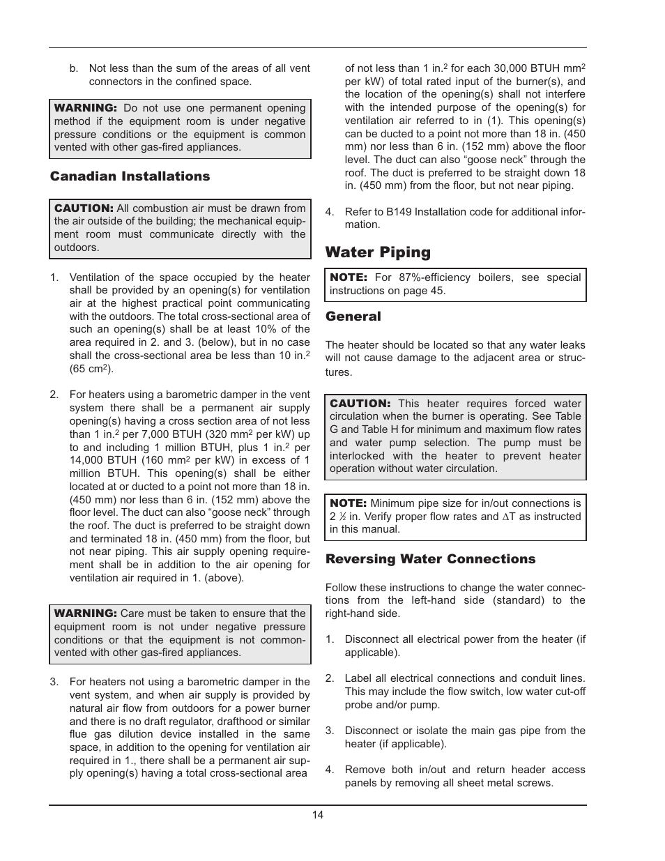 Water piping, General, Reversing water connections | Canadian installations | Raypak HI DELTA 992B-2342B User Manual | Page 14 / 66