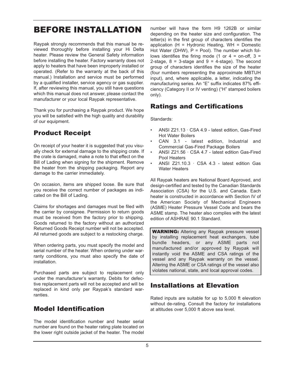 Before installation, Product receipt, Model identification | Ratings and certifications, Installations at elevation | Raypak HI DELTA 992B-2342B User Manual | Page 5 / 66