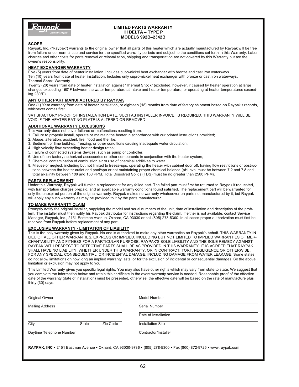 Raypak HI DELTA 992B-2342B User Manual | Page 62 / 66